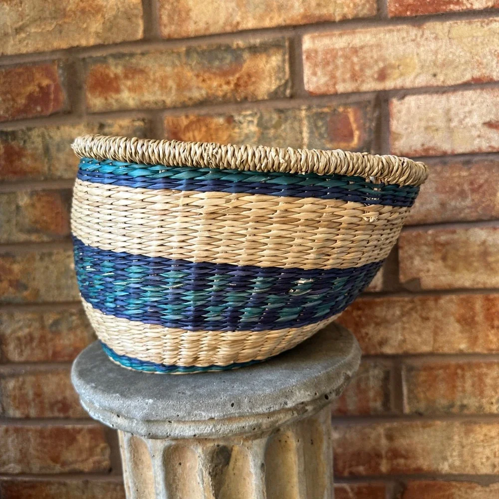 Handwoven Round Seagrass Basket with Lid Blue Green Neutral Striped Boho Storage